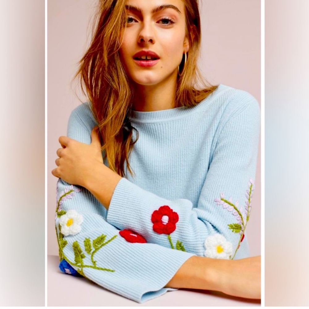 Rosie Neira Anthropologie blue floral knit sweater